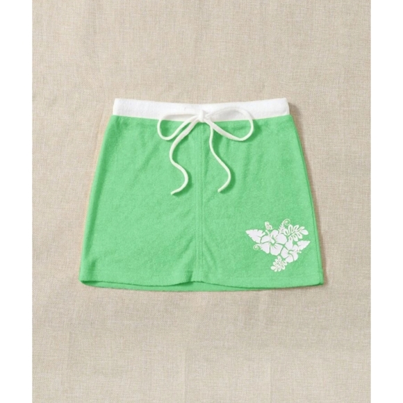 Terry Cloth Mini Skirt With Hibiscus Flower/Tropical Flower Green & White Large - Picture 3 of 8